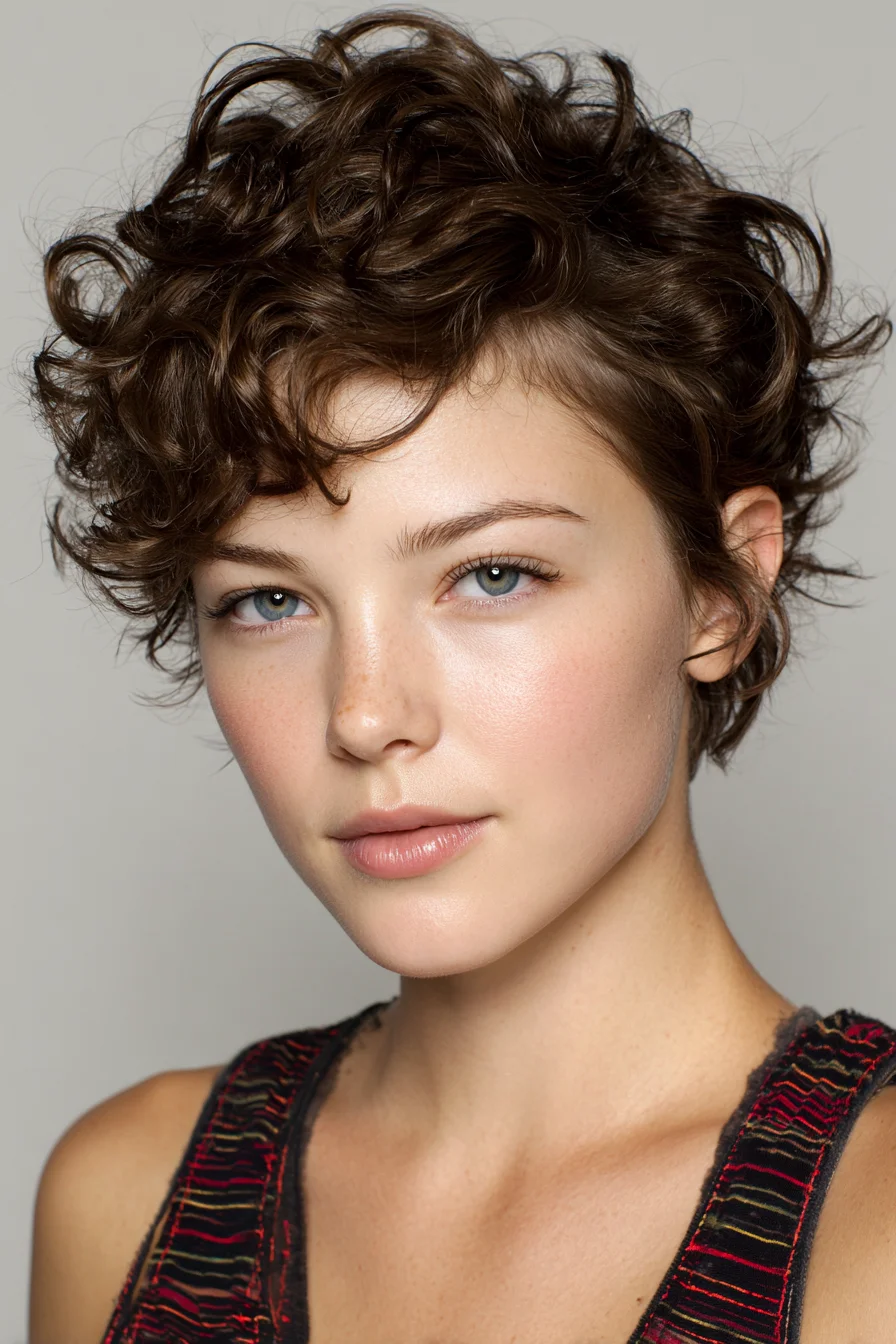 Tousled Short Curly Pixie with Soft Fringe