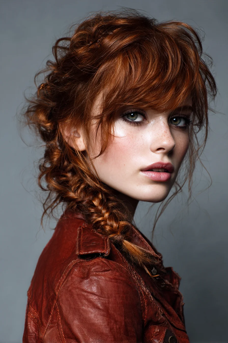 Tousled Side Fishtail Braid with Curtain Bangs