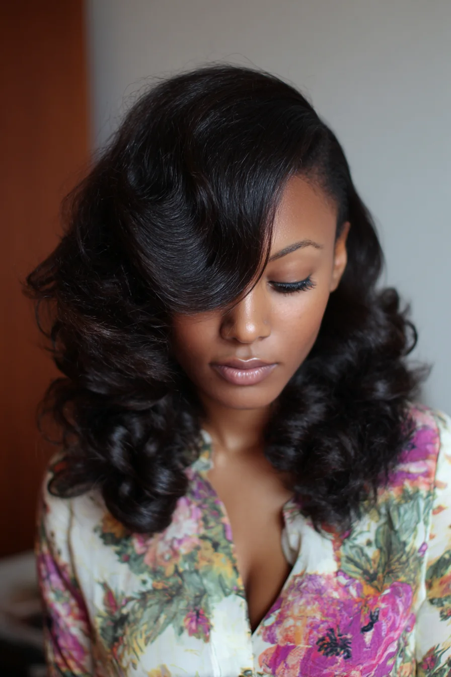 Vintage Deep Side Part Blown-Out Waves for Medium to Thick Hair