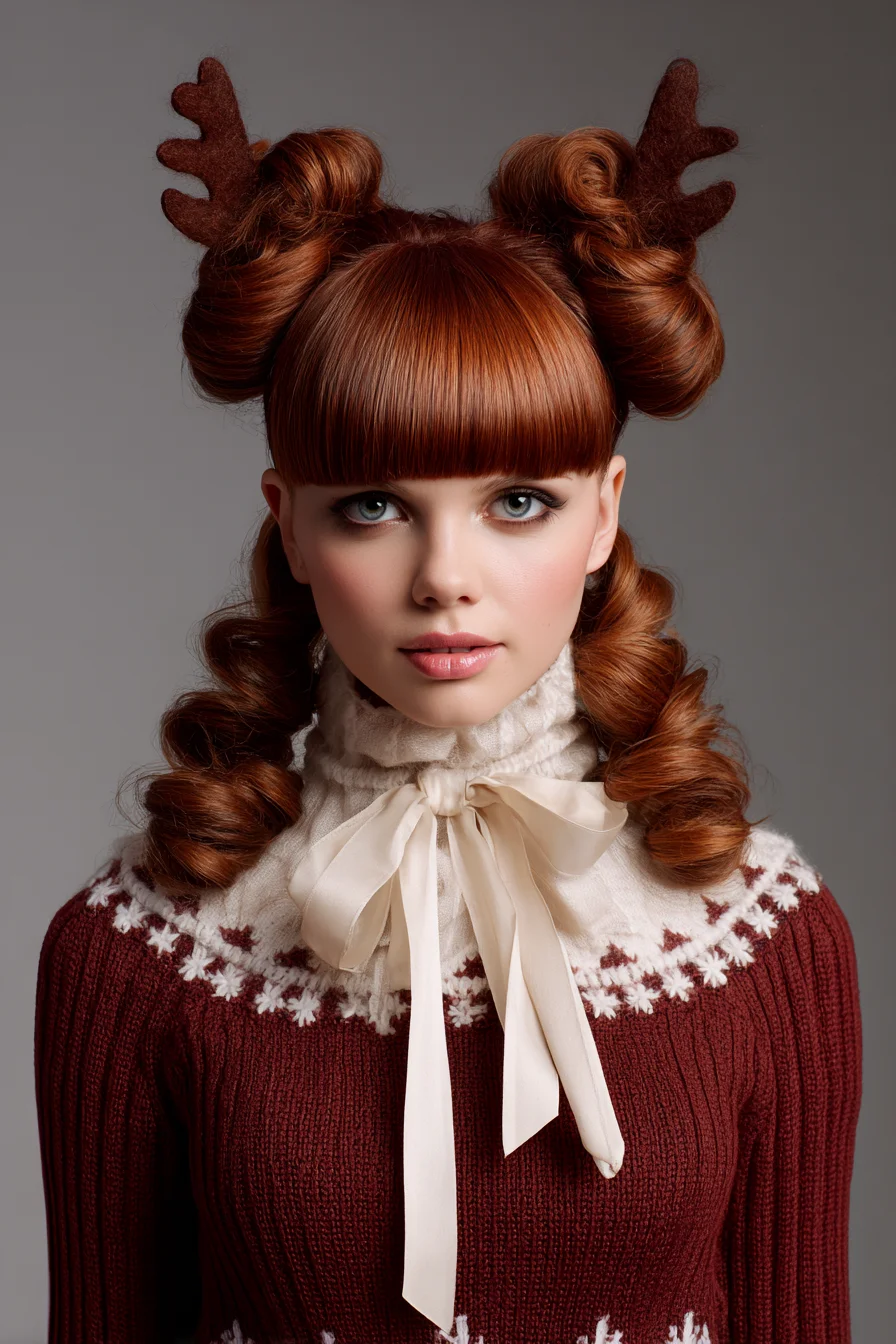 Vintage Double Bun with Blunt Fringe and Glossy Spiral Curls