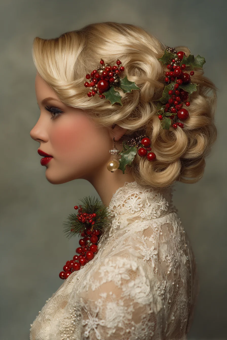 Vintage Finger-Wave Holiday Updo with Festive Berry Accessories