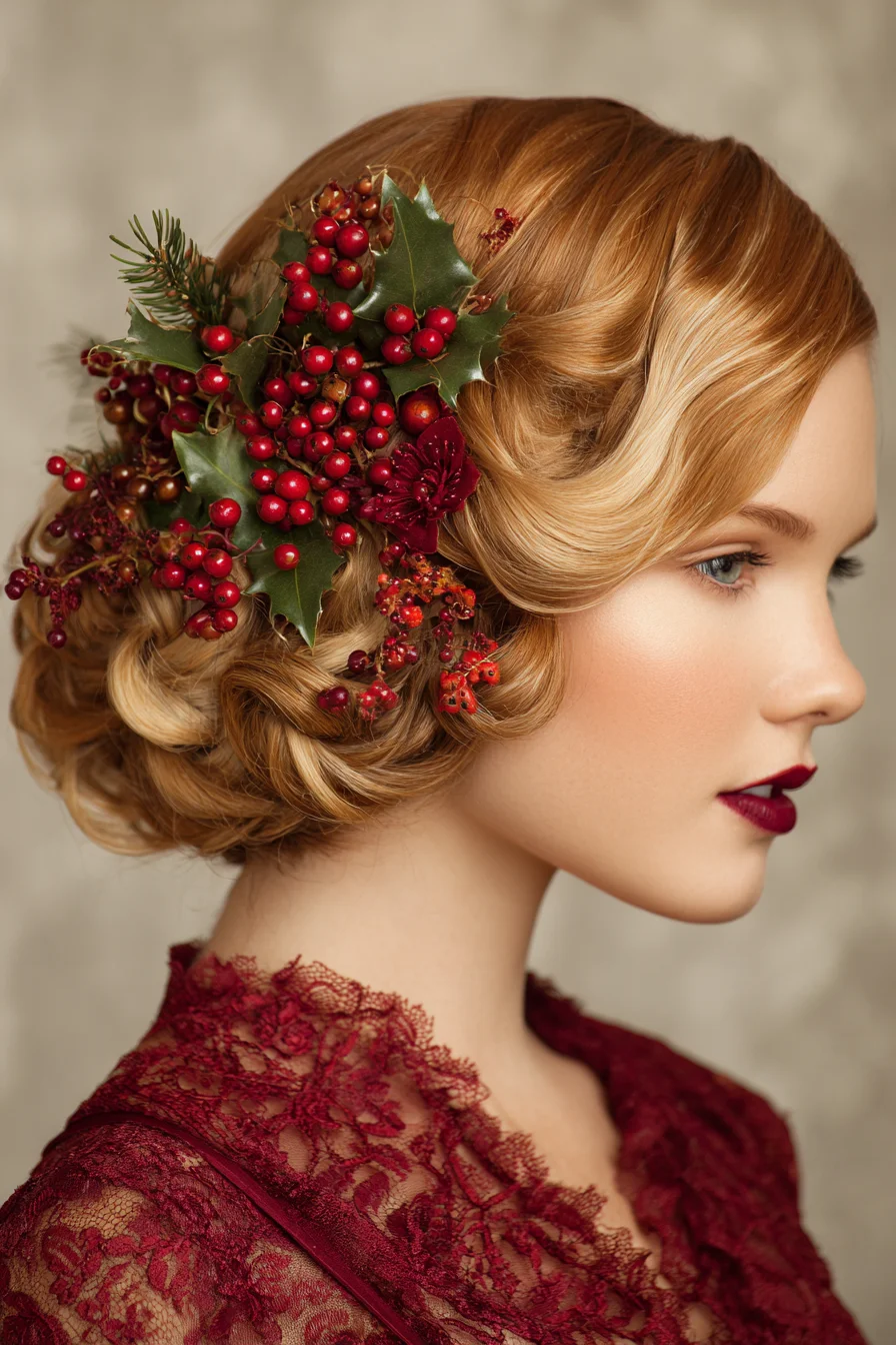 Vintage Finger‑Wave Low Chignon with Holiday Berry Floral Accent