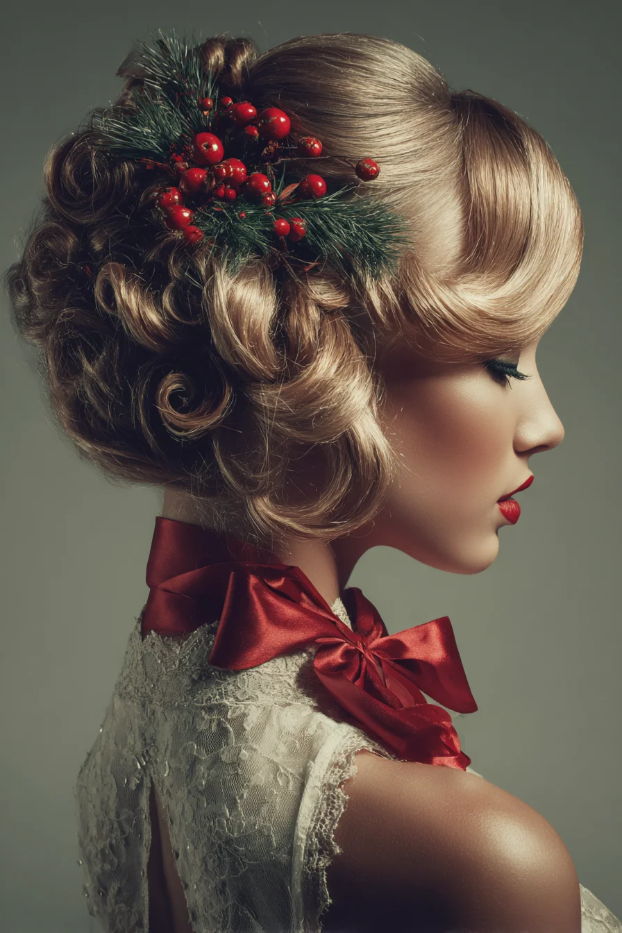 Vintage Finger Wave Updo with Pin Curls and Festive Berry Accent