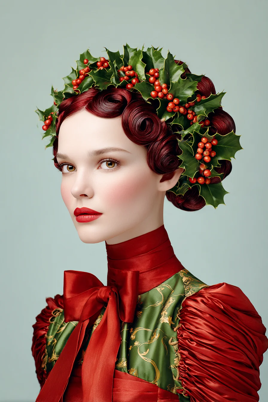 Vintage Finger Waves with Sculpted Pin Curls and Festive Holly Crown
