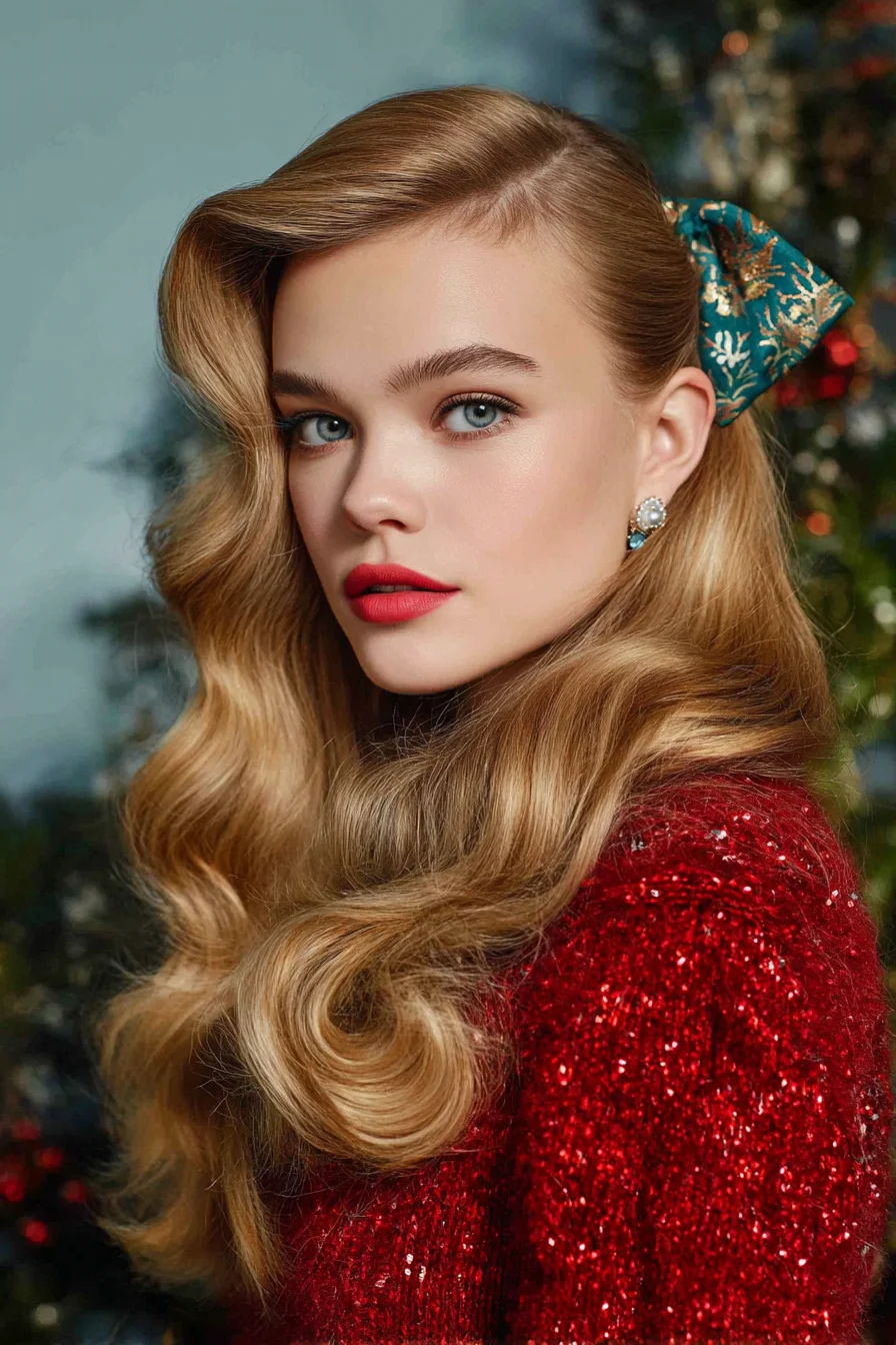 Vintage Hollywood Waves with Deep Side Sweep and Ribbon Accent