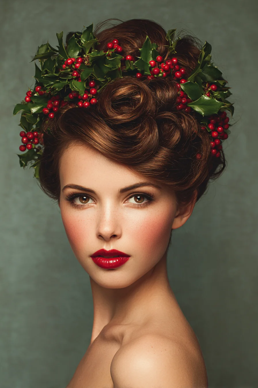Vintage Rosette Updo with Festive Holly Crown — Formal Bridal/Prom Updo