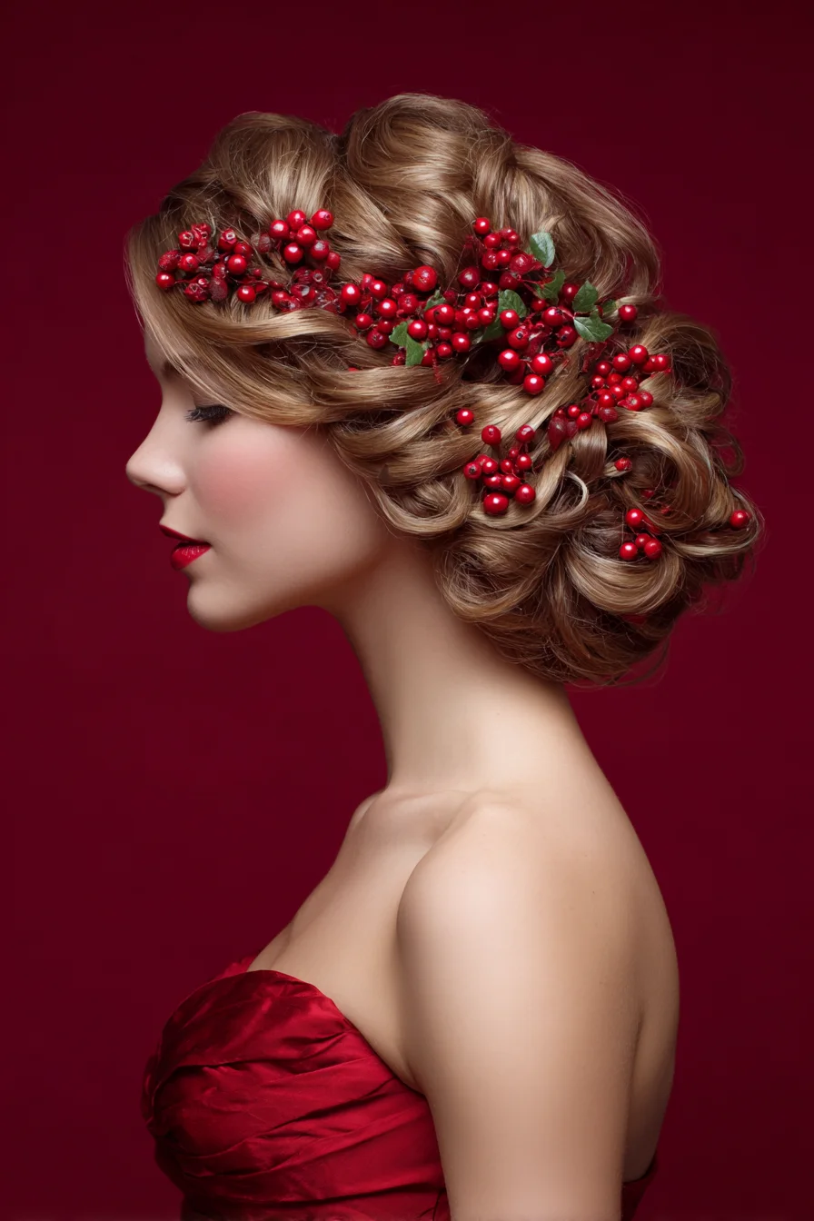 Vintage Sculpted Bridal Updo with Berry Hair Accessories