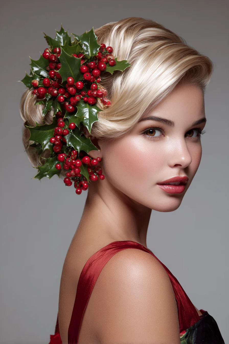Vintage Side-Swept Finger Wave Updo with Holly Berry Accent