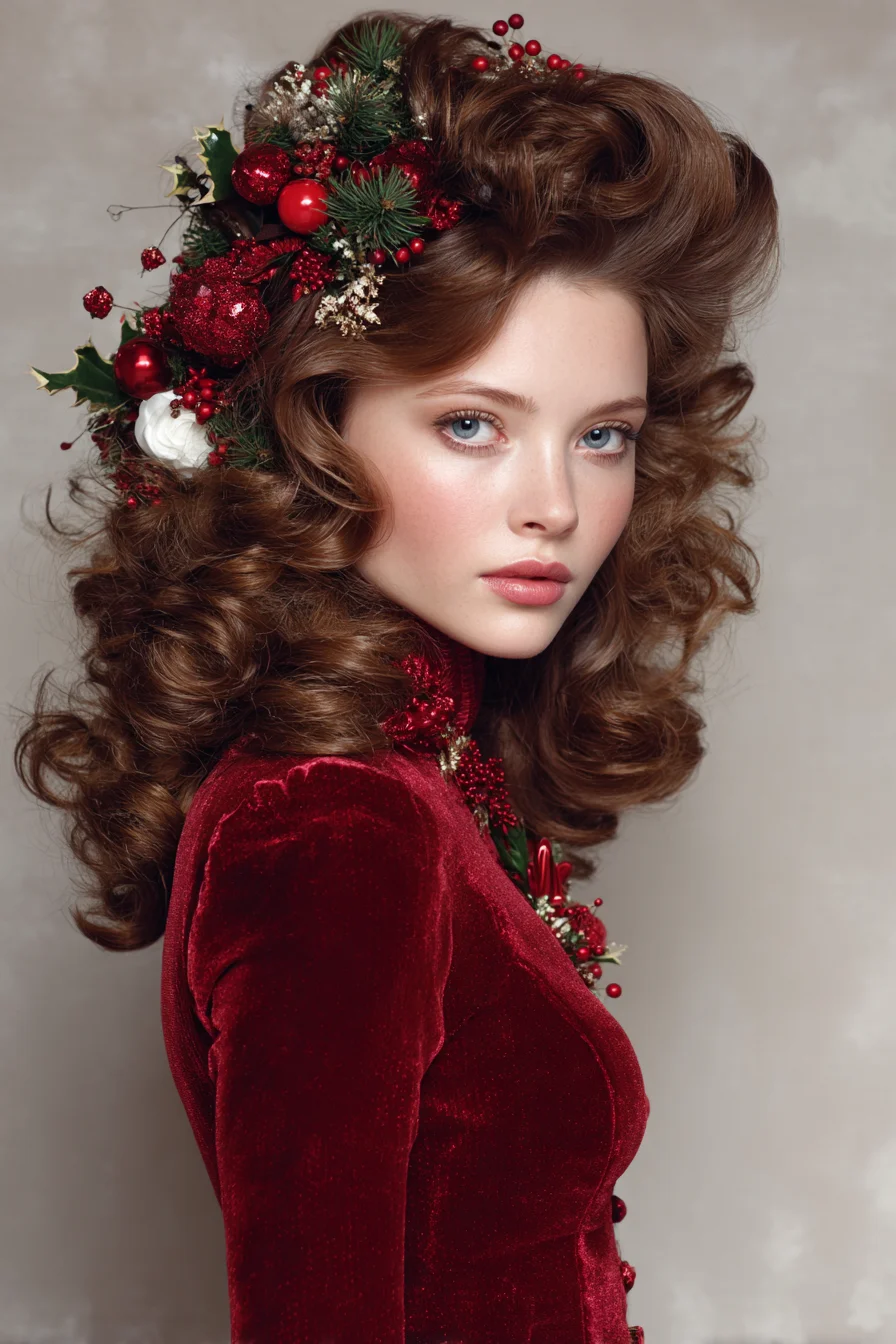 Vintage Voluminous Barrel Curls with Holiday Floral Crown