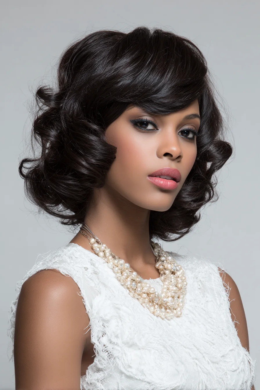 Vintage Voluminous Curled Bob with Side-Swept Fringe