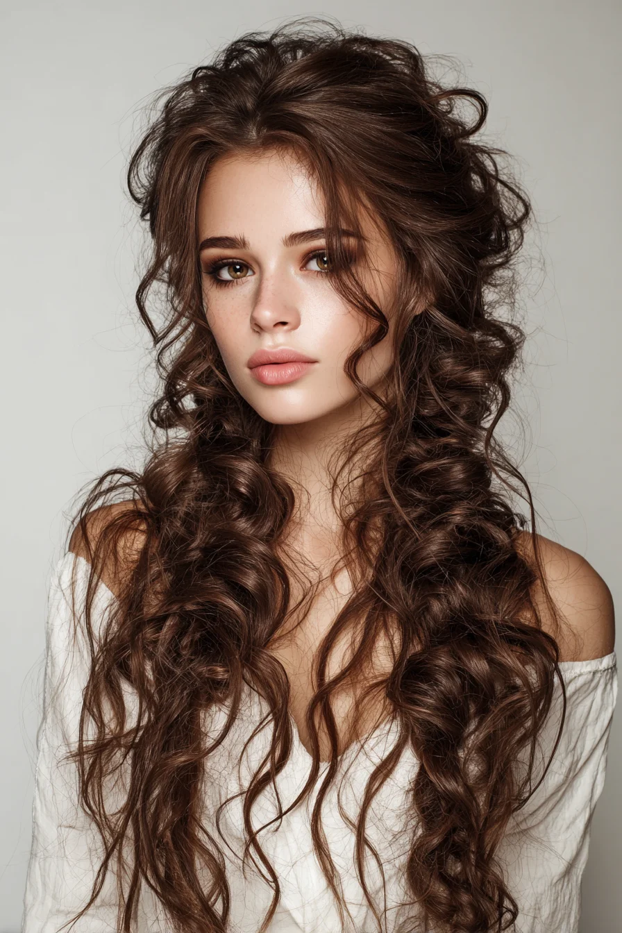 Voluminous Boho Long Curls with Face‑Framing Tendrils