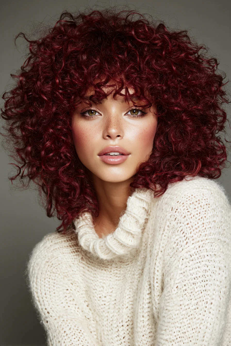 Voluminous Burgundy Curly Shag with Soft Curtain Bangs