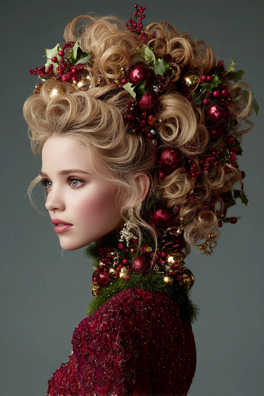 Voluminous Curled Updo with Holiday Ornament Accents