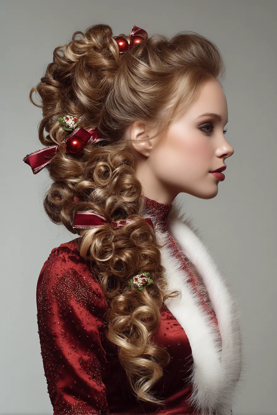 Voluminous Curly Cascade Braid with Ribbon Accents