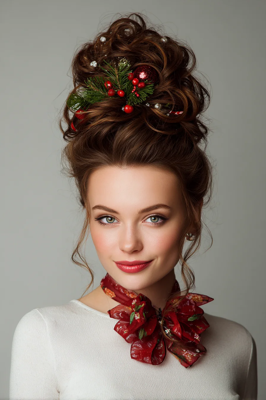 Voluminous Curly High Updo with Festive Pine & Berry Accents