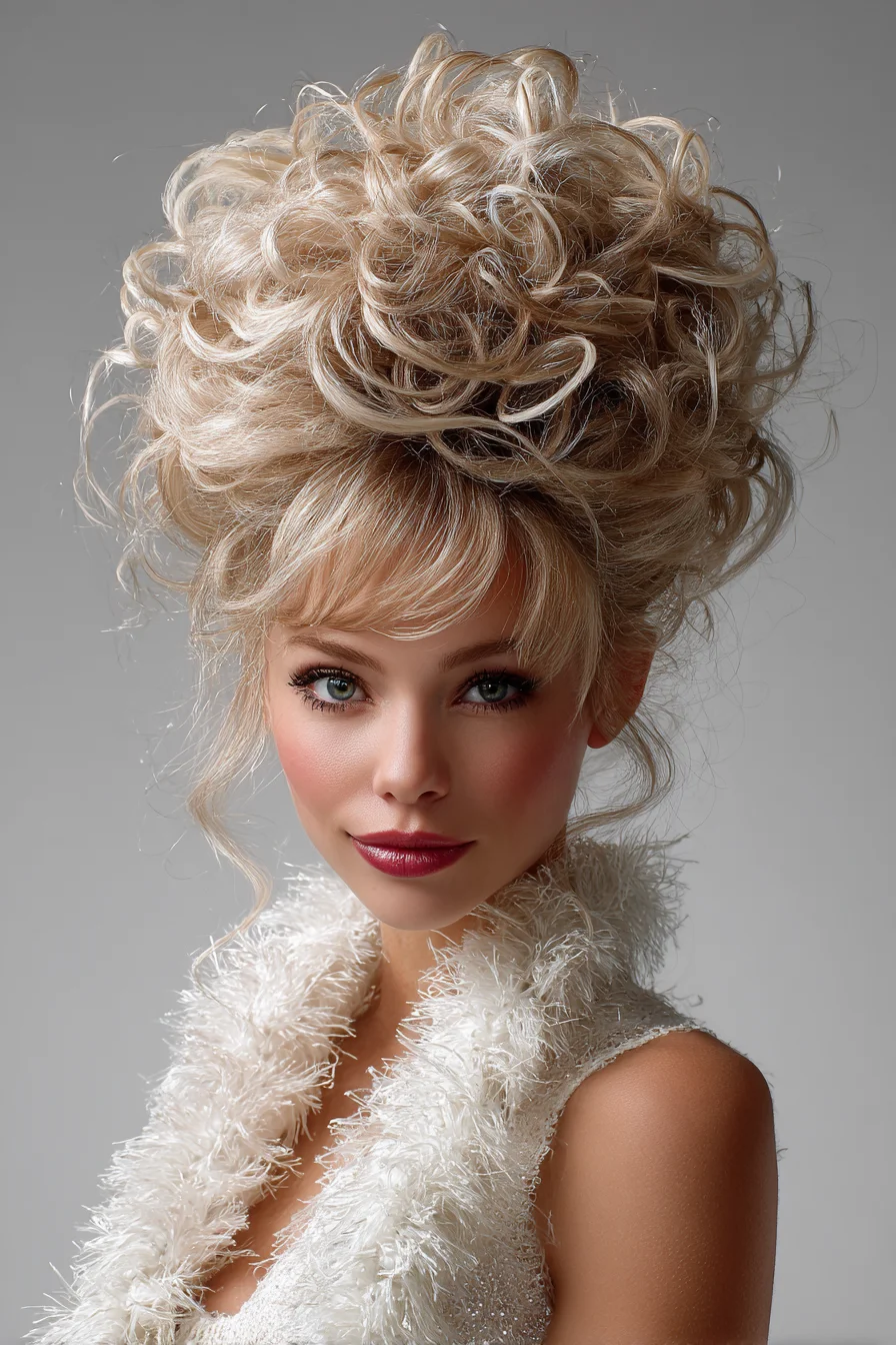 Voluminous Curly High Updo with Soft Fringe