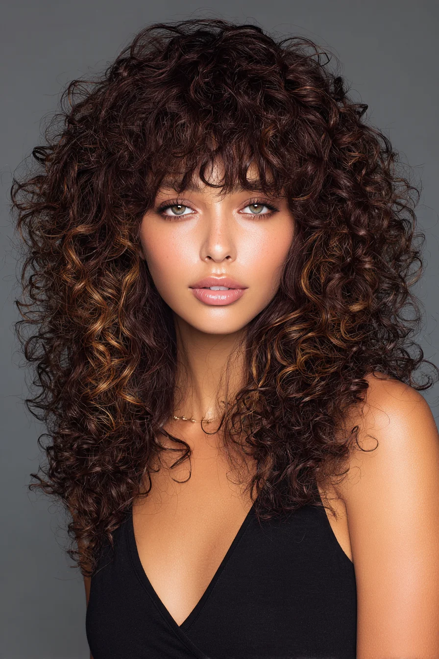 Voluminous Curly Shag with Wispy Curtain Bangs