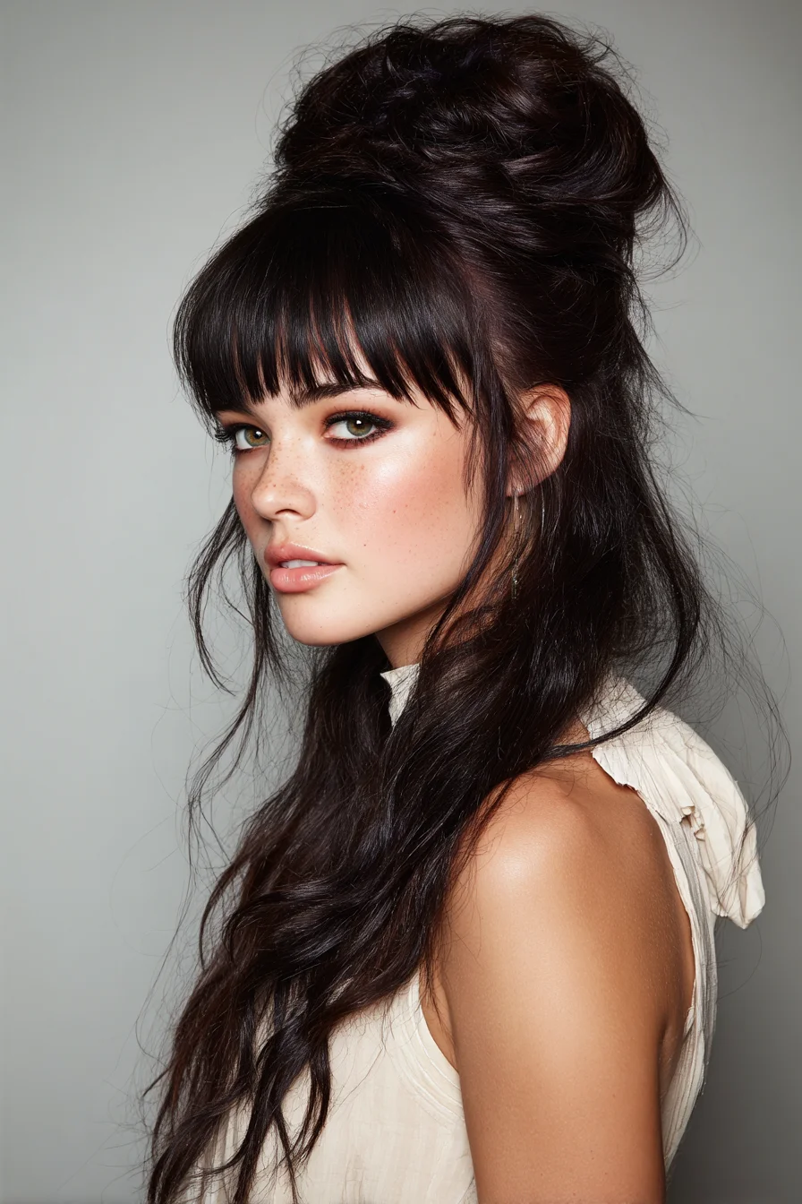 Voluminous Half-Up Bouffant with Wispy Fringe