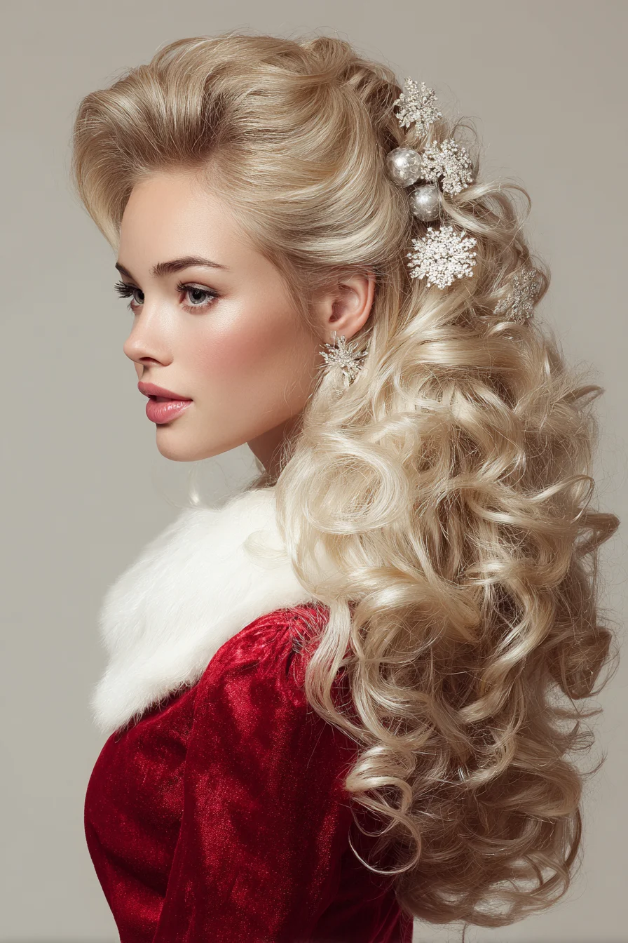 Voluminous Half-Up Bridal Curls with Vintage Hair Accessories