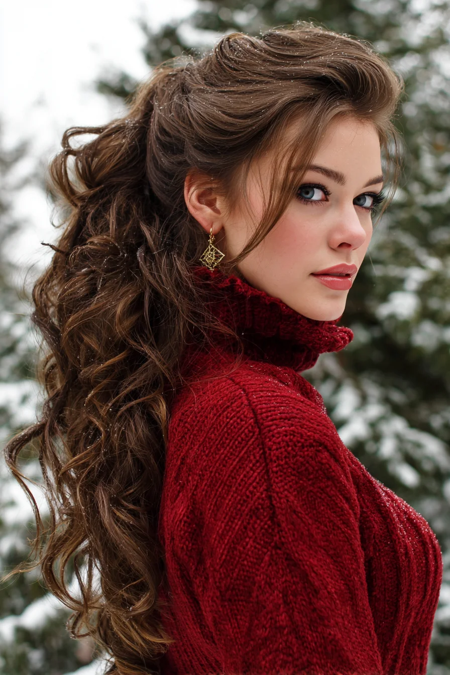 Voluminous Half-Up Curly Ponytail with Face-Framing Pieces