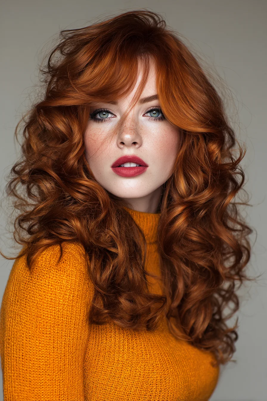 Voluminous Layered Curls with Curtain Bangs — Long Red Hair Styling