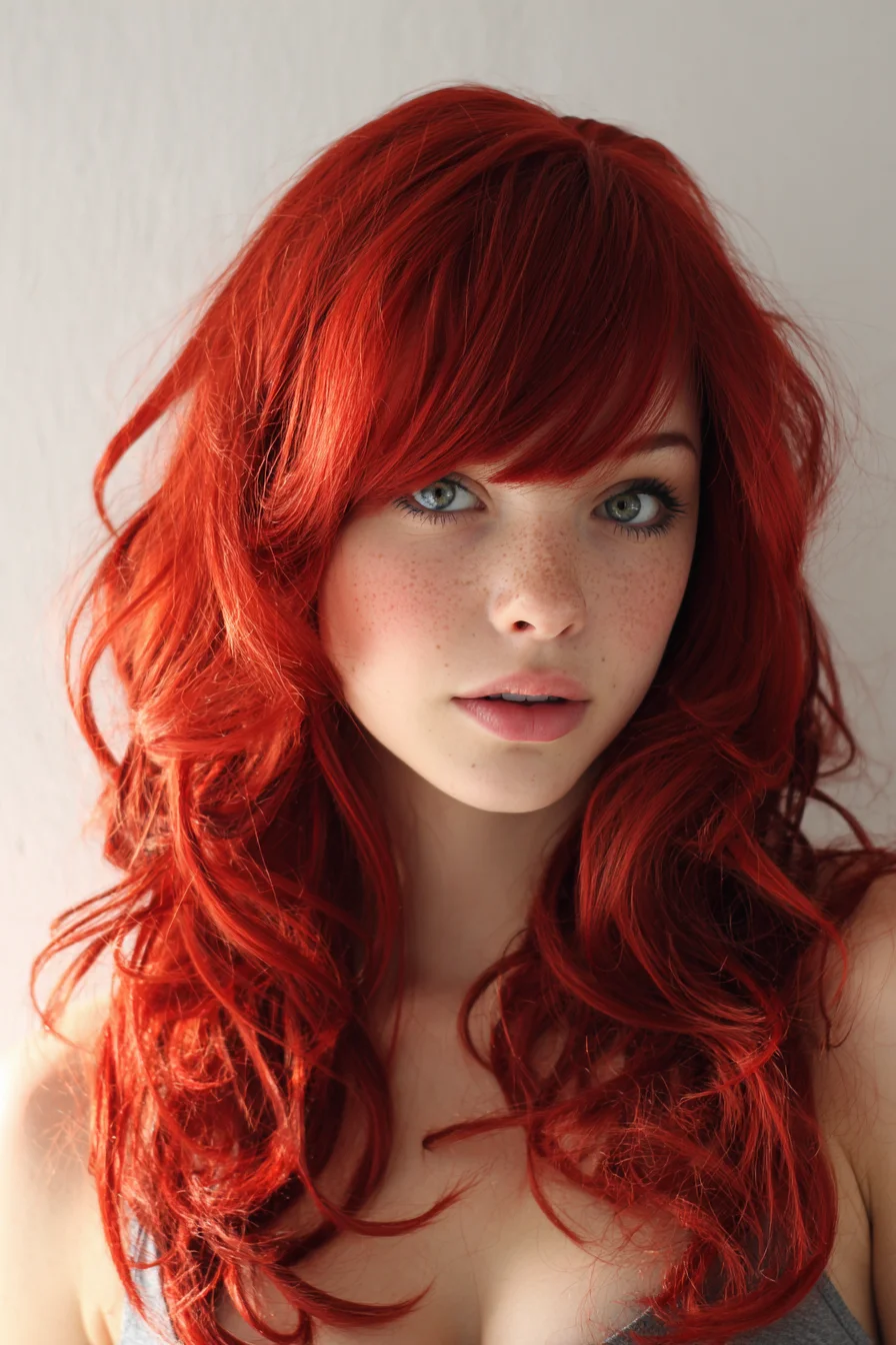 Voluminous Layered Waves with Side‑Swept Bangs — Red Hair Styling