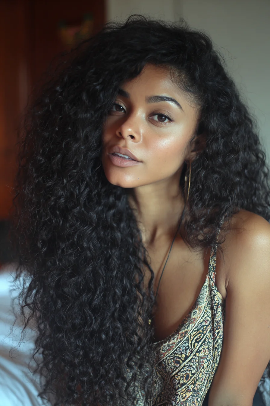 Voluminous Long Natural Curls with Deep Side Part