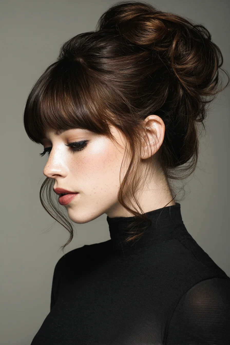Voluminous Messy Bun with Blunt Fringe and Face‑Framing Tendrils