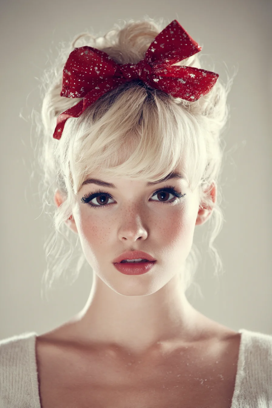 Voluminous Messy Updo with Blunt Fringe and Decorative Bow