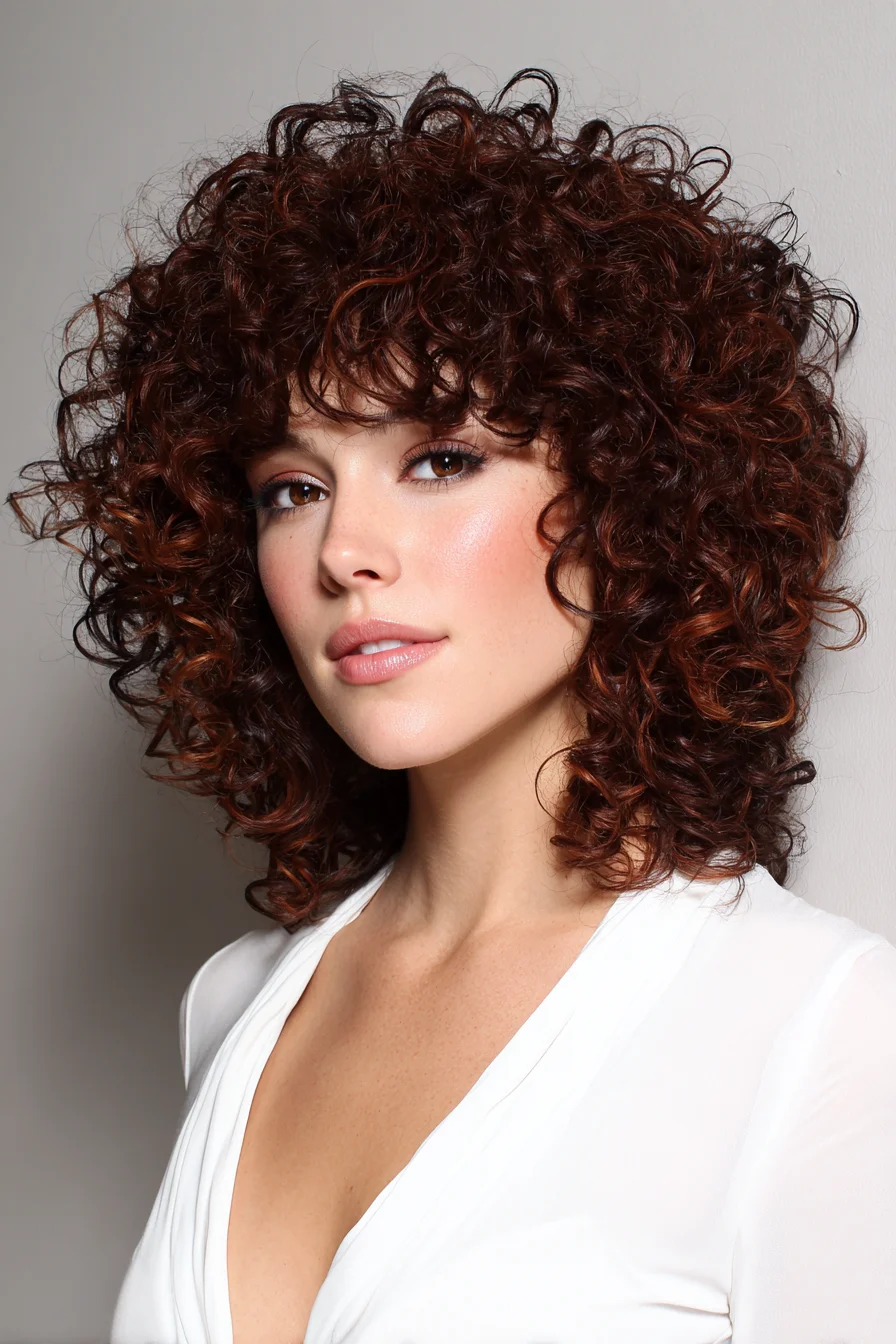 Voluminous Mid-Length Curly Shag with Face-Framing Fringe