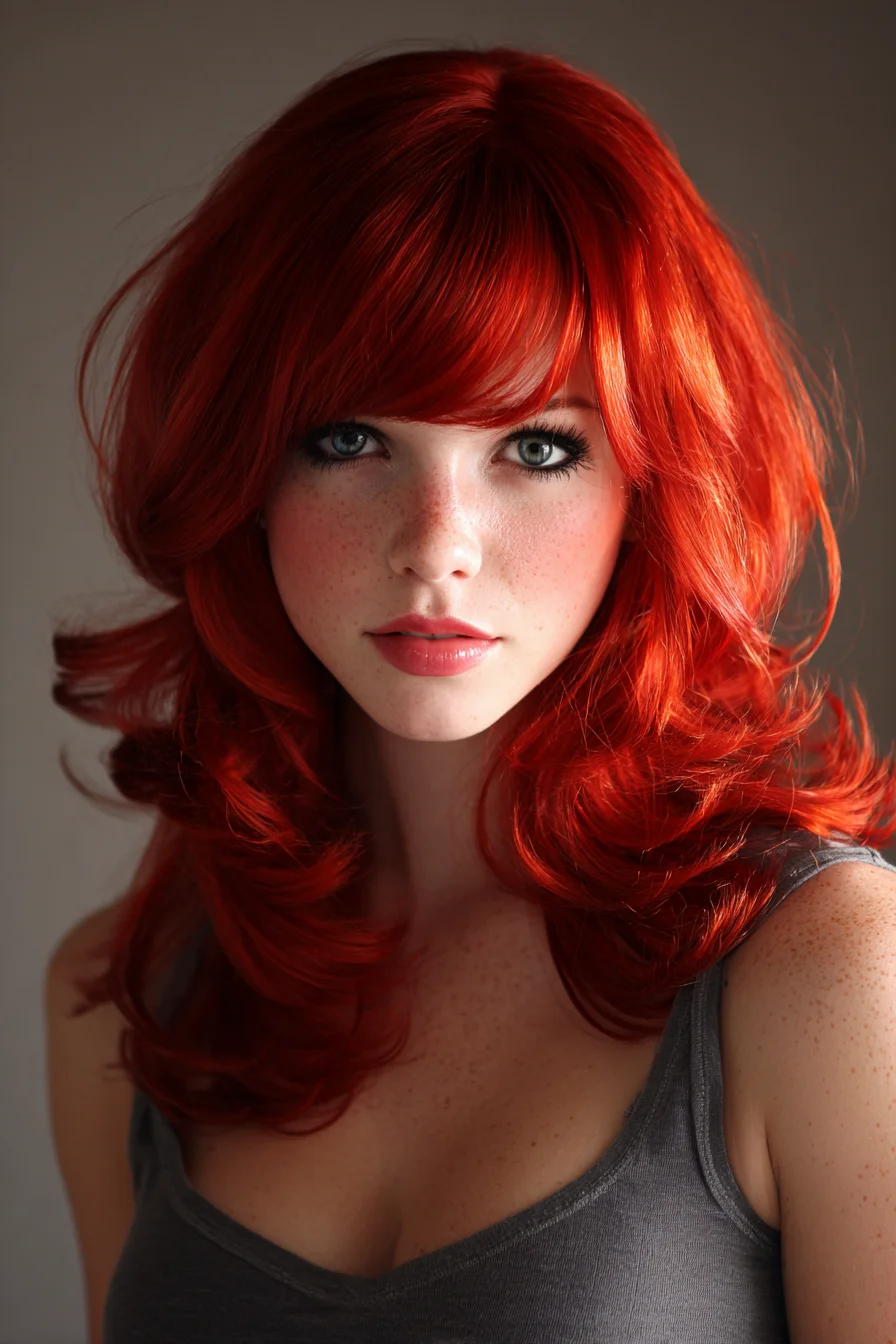 Voluminous Red Layered Cut with Soft Face‑Framing Bangs
