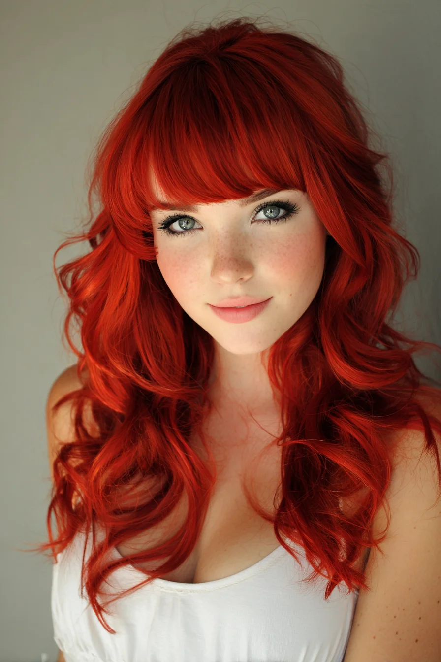 Voluminous Red Long Layers with Soft Fringe and Loose Waves