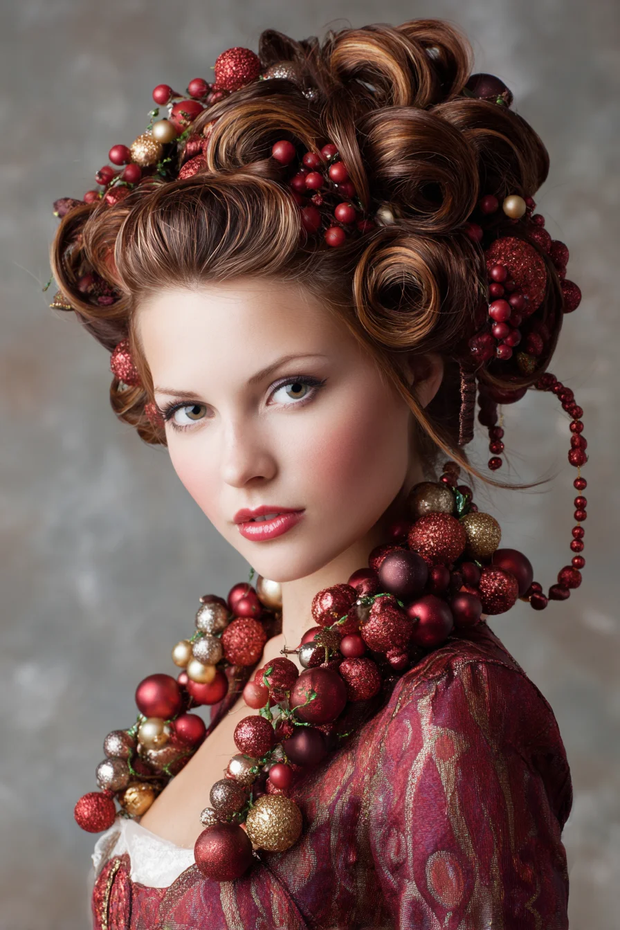 Voluminous Rolled Updo with Festive Berry & Ornament Accents