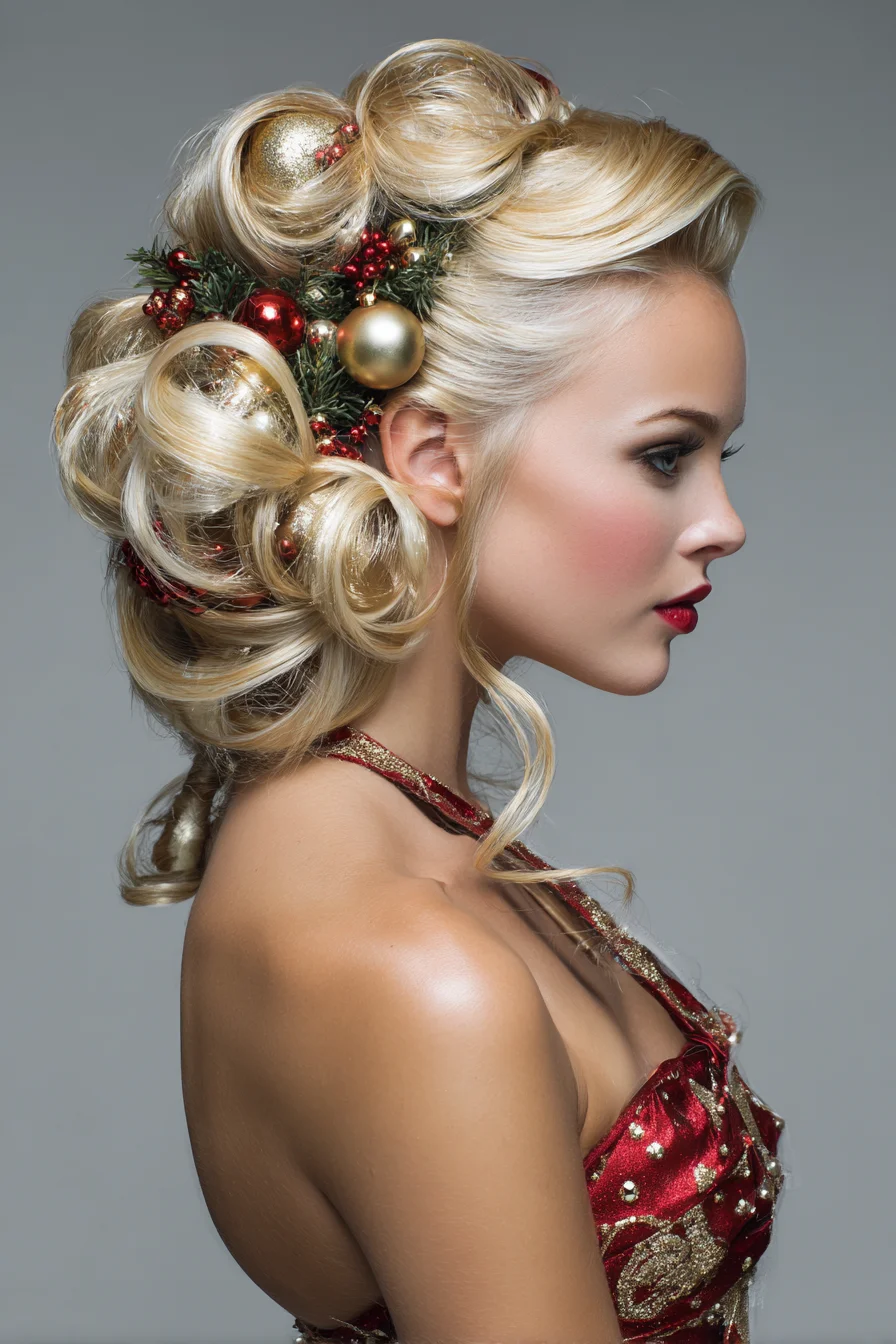 Voluminous Sculpted Holiday Updo with Decorative Ornaments