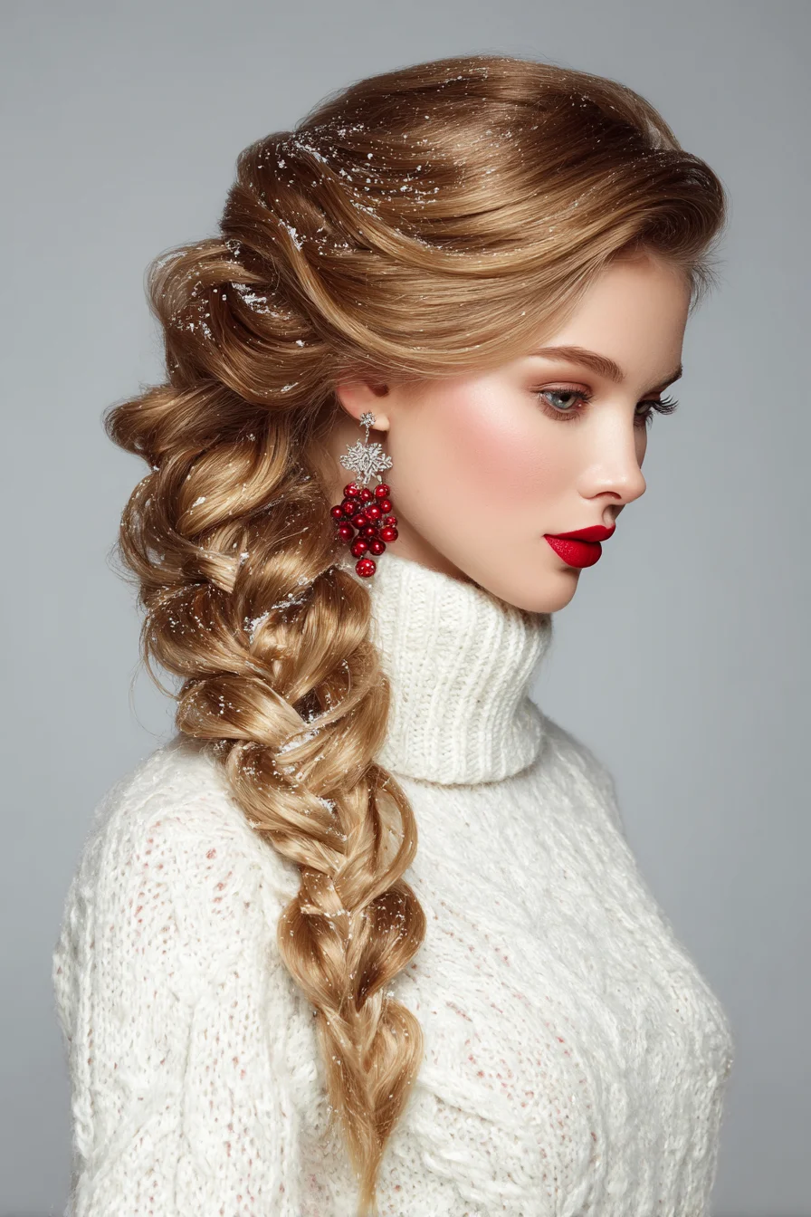 Voluminous Side-Swept Fishtail Braid with Soft Waves