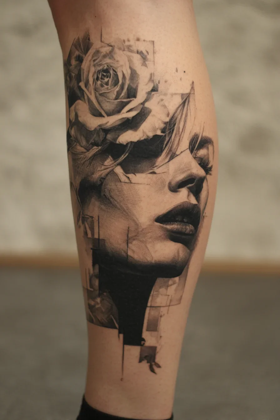 Blackwork Portrait with Rose