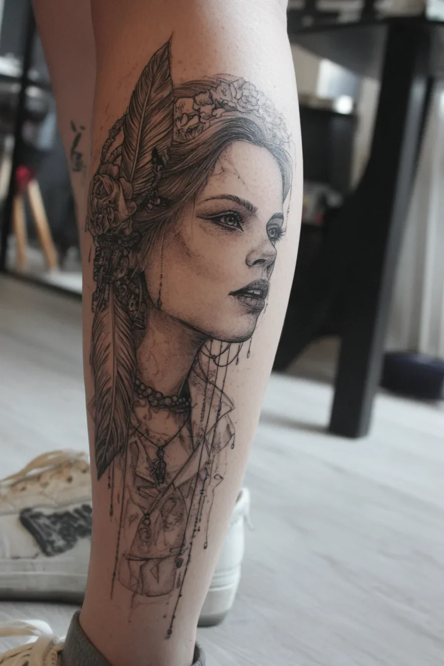 Bohemian Portrait Tattoo on the Calf