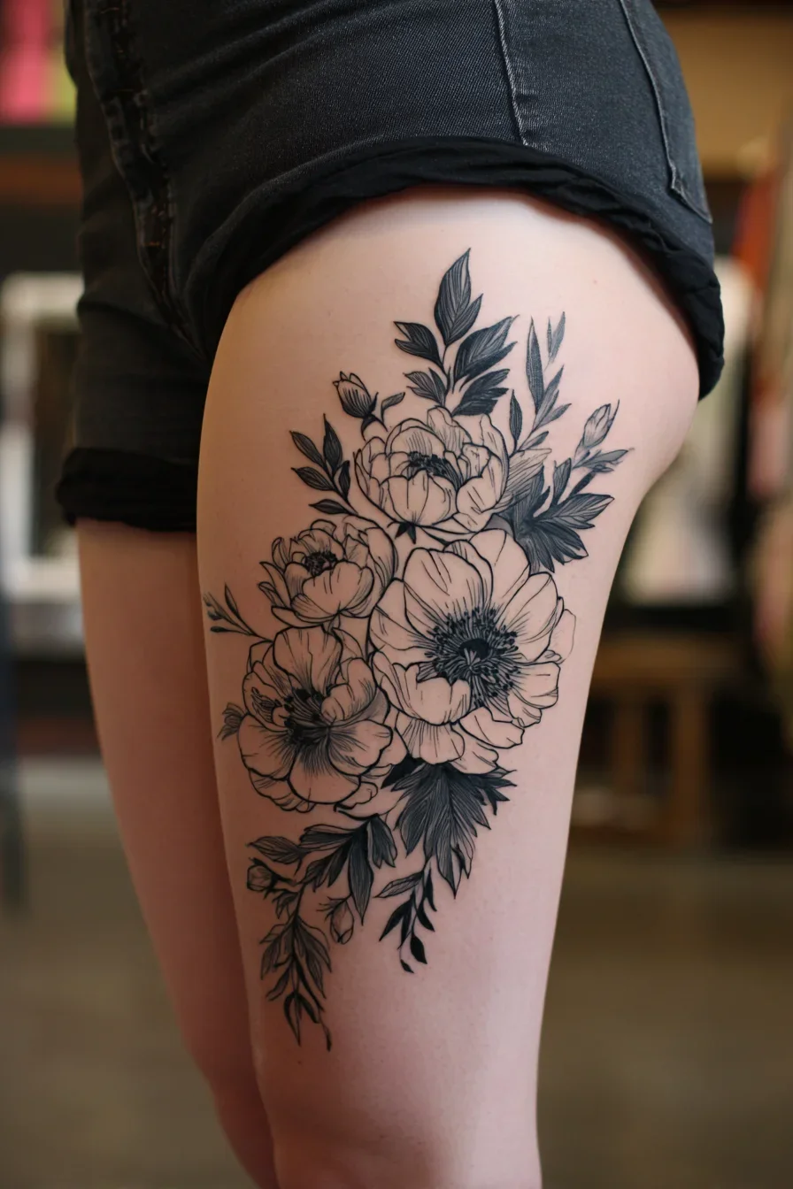 Botanical Blackwork Blooms on the Thigh