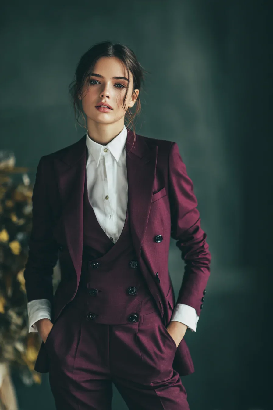Burgundy Three-Piece Power Suit