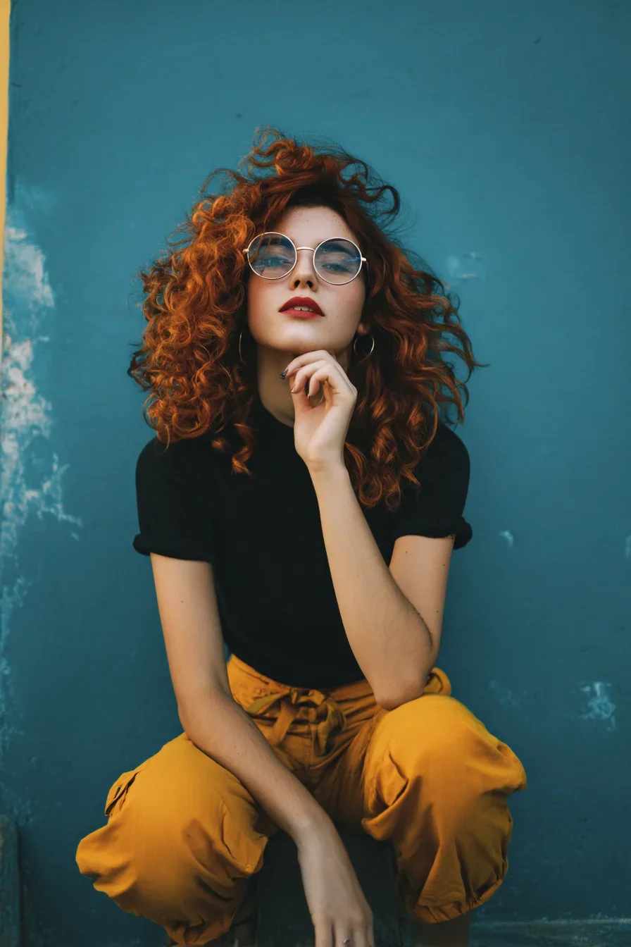Copper Curls Against Teal