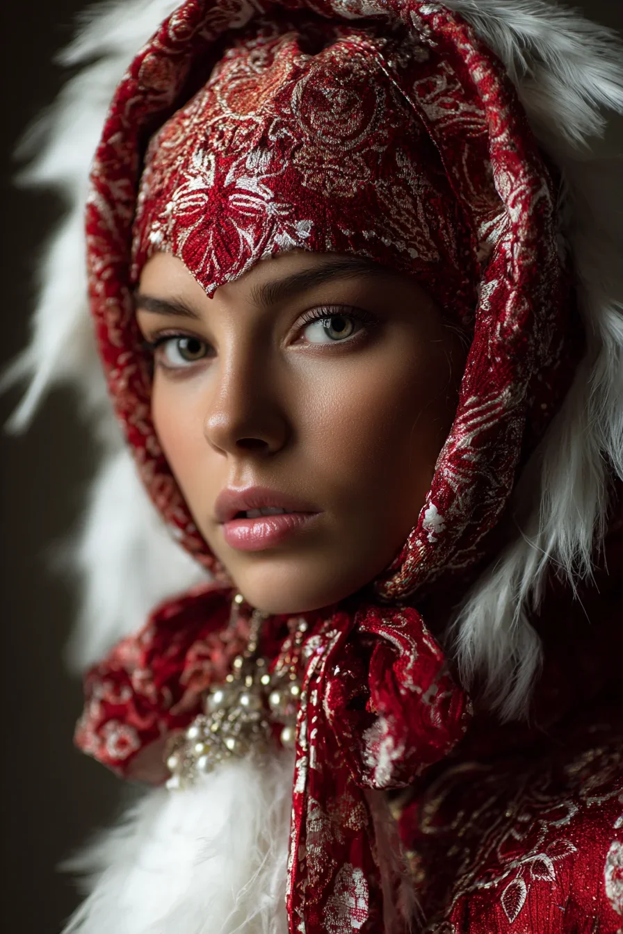 Crimson Brocade and White Fur
