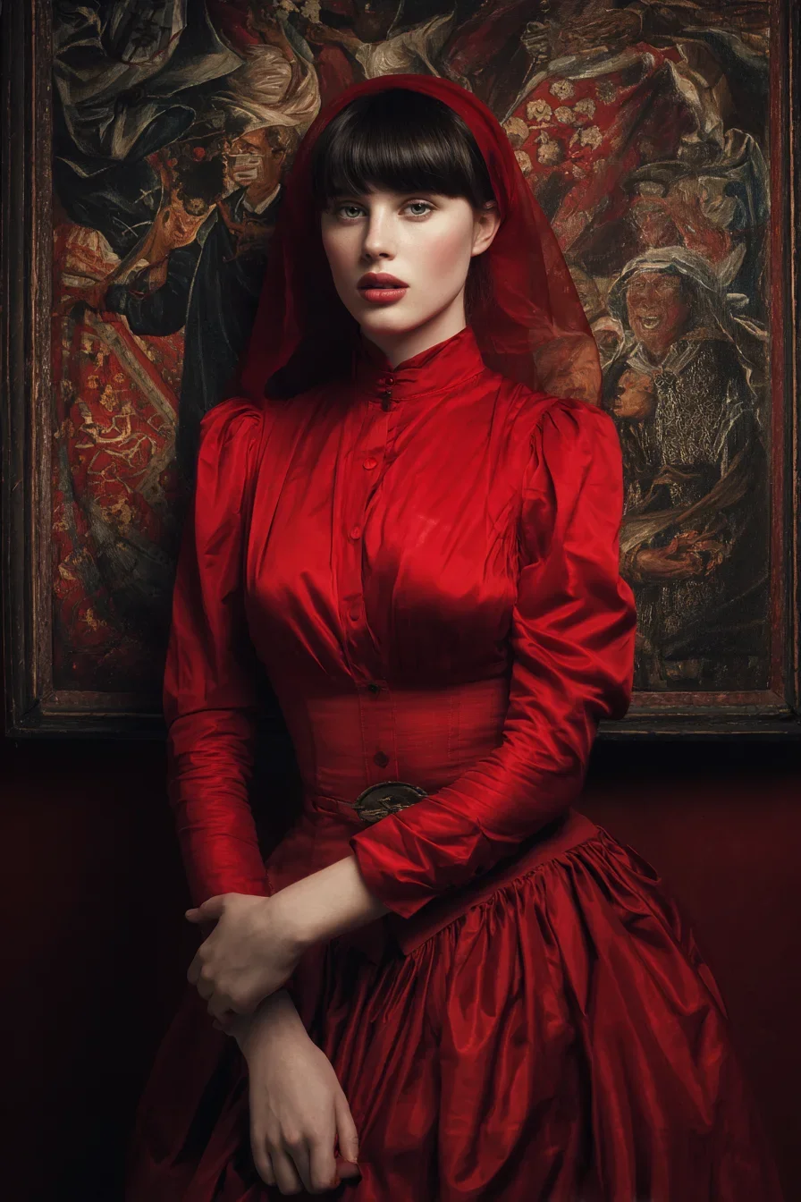 Crimson Figure Against Old Masters
