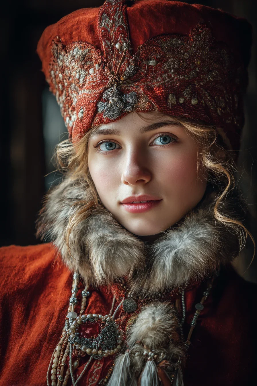Crimson Kokoshnik and Fur Collar