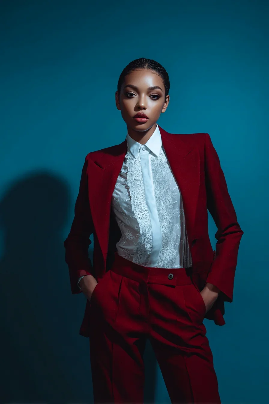 Crimson Power Suit, Lace Detail