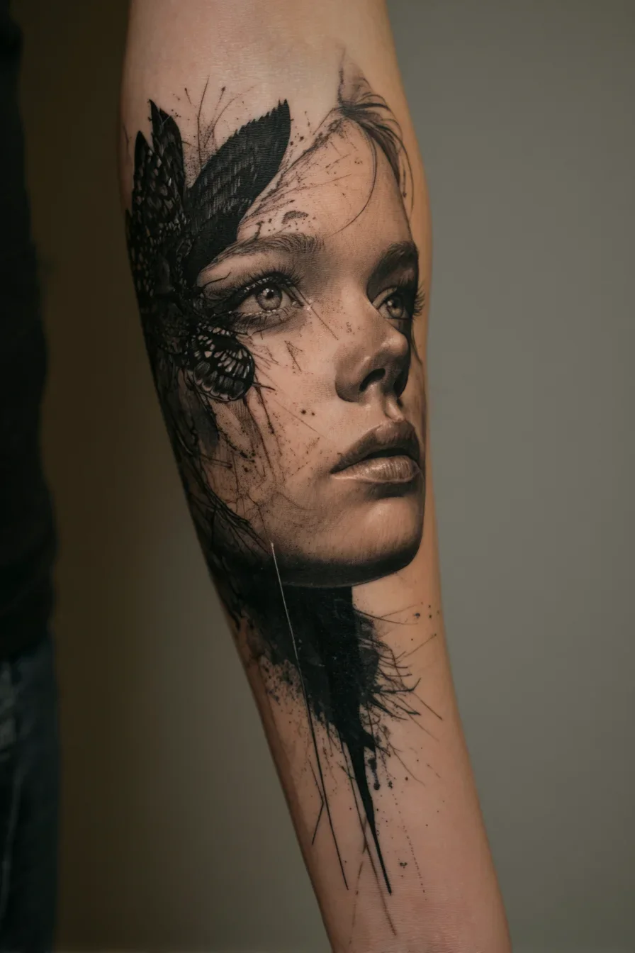 Dark Feminine Portrait Forearm Tattoo