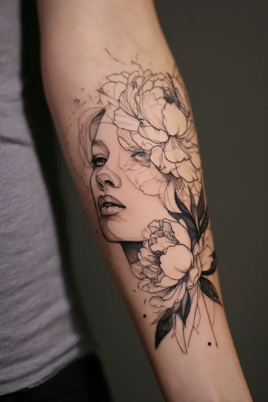 Fine Line Portrait Meets Blooming Peonies