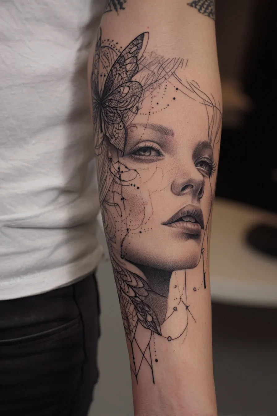 Fine Line Portrait With Butterfly