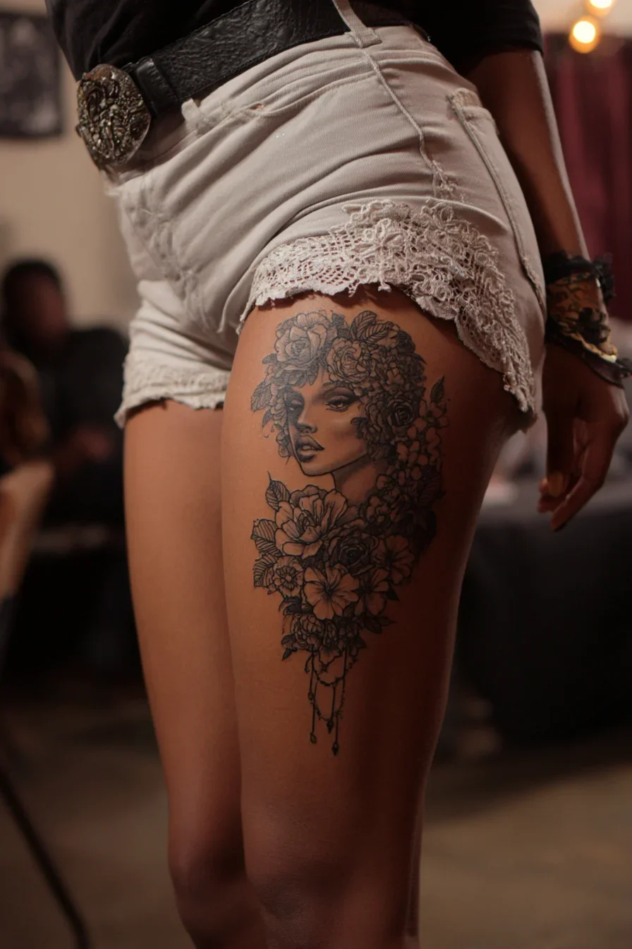Floral Portrait in Black Ink