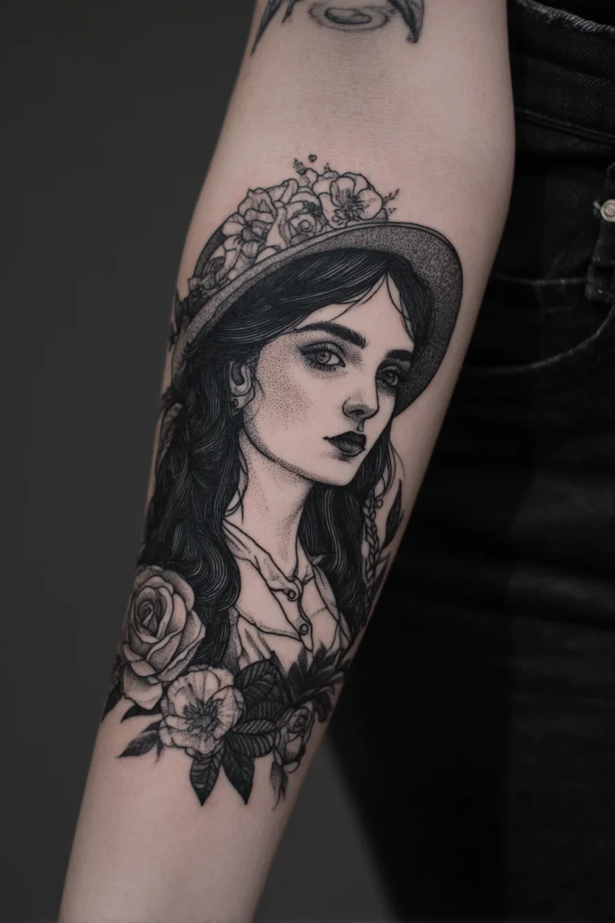 Floral Portrait in Fine Line Black