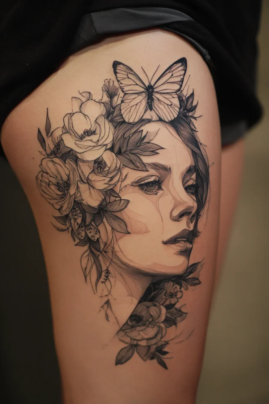 Floral Portrait Thigh Tattoo